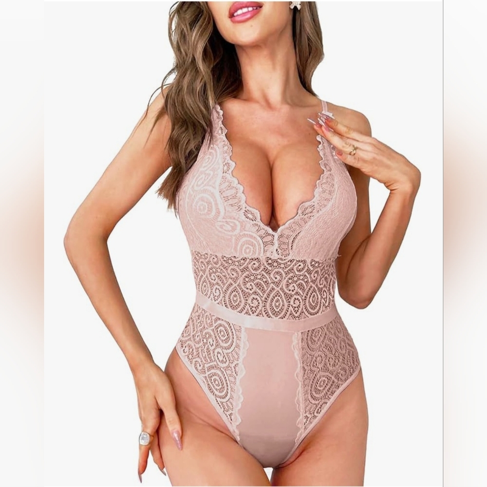 New Even Sexy Lace One Piece Lingerie Deep V Snap Crotch Teddy Babydoll Size S
